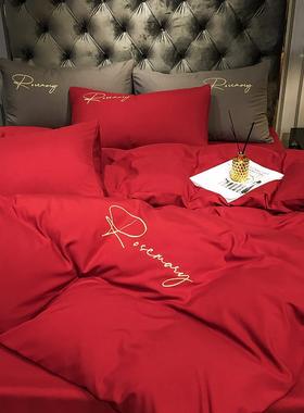 红色被套单件150x200x230床单被罩四件套结婚新婚高级感三件
