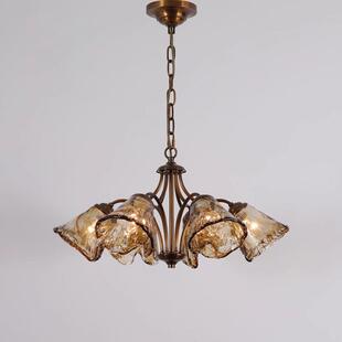 美式全铜餐厅吊灯复古做旧中古朝下低层高客厅卧室玻璃灯具