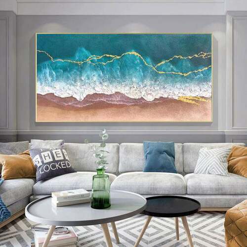 纯手绘风景油画现代简约轻奢客厅蓝色海景海浪画手工绘制厚肌理画