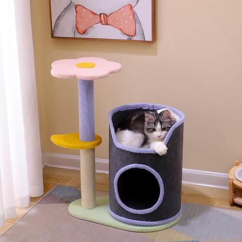 花朵树洞猫爬架猫窝猫树一体式三层猫抓板泰迪绒高层猫架跳台