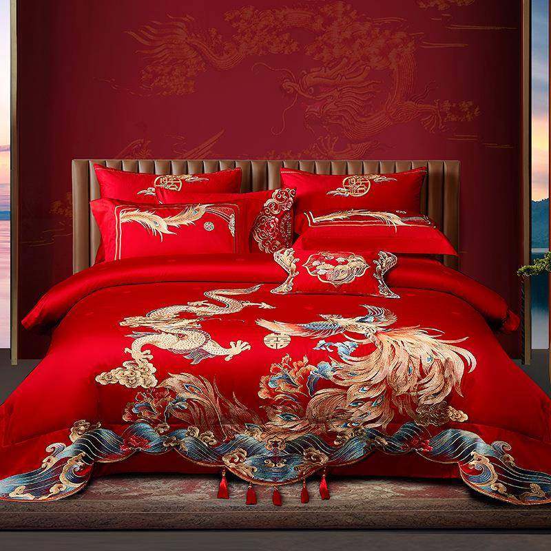 高奢140s婚庆四件套大红色龙凤婚房床上用品喜被套结婚六十件套