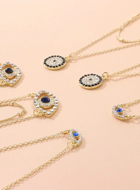 欧美饰品 14k满钻圆形几何吊坠项链女 时尚简约项饰