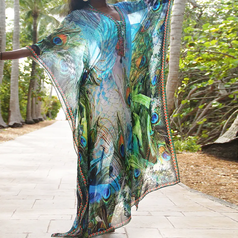 欧美新款雪纺孔雀羽毛宽松连衣长裙沙滩防晒衣泳衣比基尼外搭罩衫