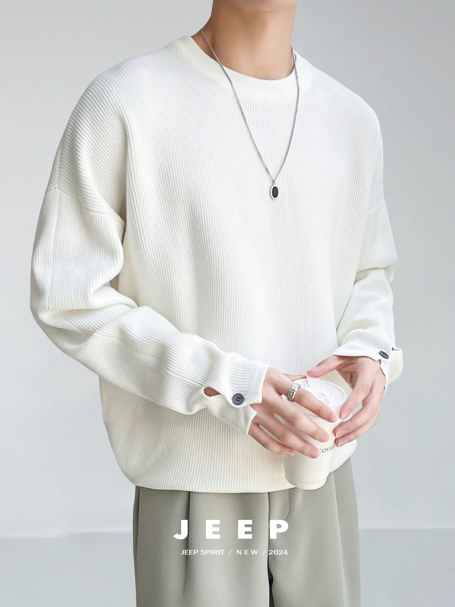 吉普高级肌理感白色毛衣男冬季韩版设计感袖口开叉纽扣打底针织衫