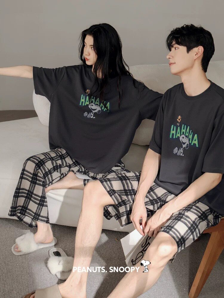 贝妍夏季薄款纯棉短袖情侣睡衣女史努比凉感家居服休闲大码男套装