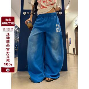 抽绳渐变弯刀卫裤 F383 男女宽松垂感休闲长裤 复古蓝色阔腿裤 美式