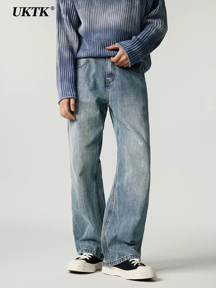 UKTK直筒微喇牛仔裤男高级感cleanfit春秋季薄款水洗浅蓝色牛仔裤