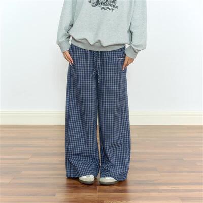 BESOBER原创 覆古藏青色格子休闲 裤女高级感宽松显瘦阔腿直筒裤