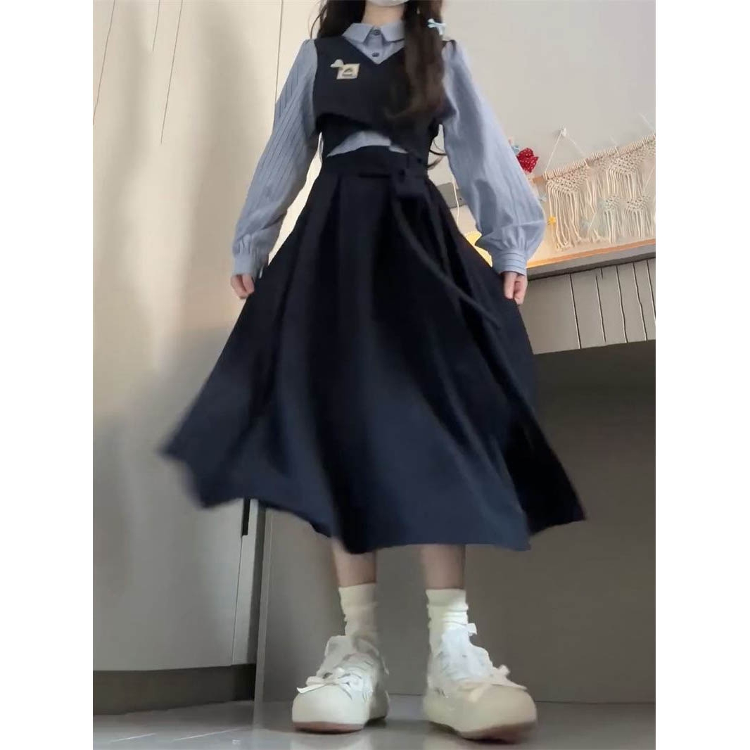 三件套装女春季日系风格穿搭小个子绑带马甲背心条纹衬衫半身长裙