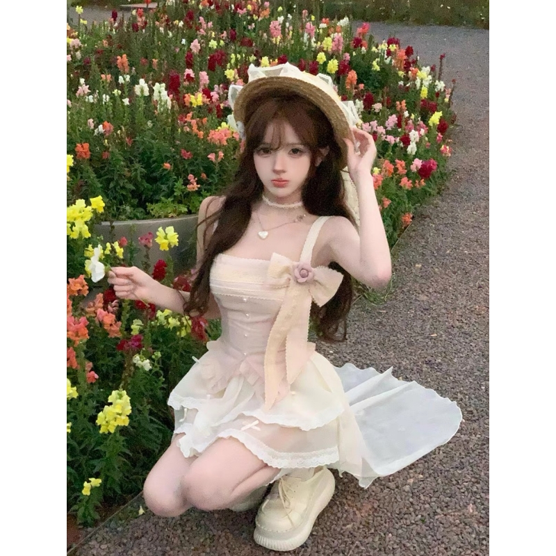 甜美纯欲风拖尾连衣裙子女夏日绝美超仙裙子氛围感甜辣妹蛋糕短裙