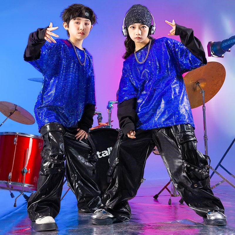 儿童嘻哈街舞服男女童炫酷亮片上衣hiphop架子鼓服模特走秀演出服