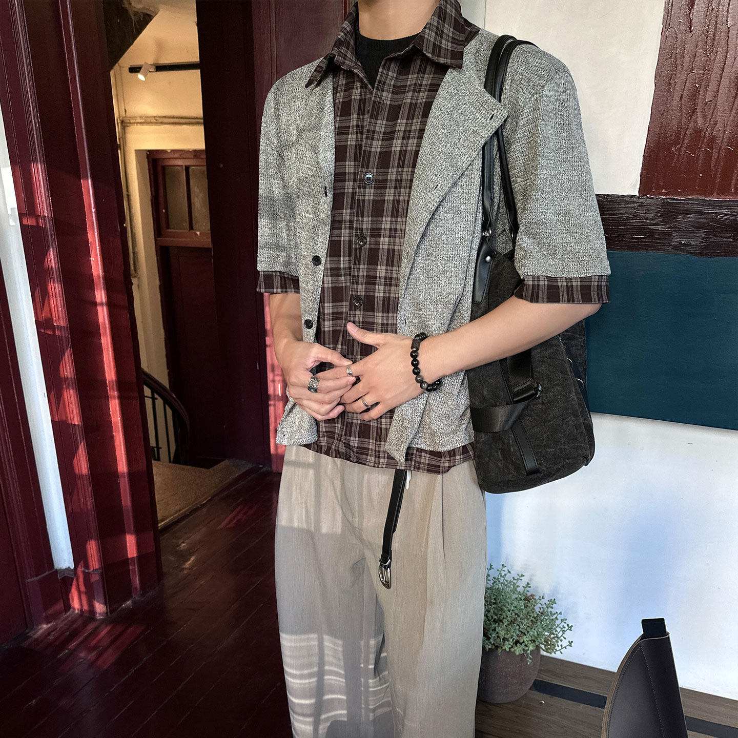 conlise 老钱风层次拼接双领翻领格纹撞色休闲衬衫格子短袖T恤男