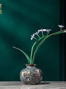 铜金岁月空谷幽兰花黄铜摆件客厅玄关博古架彩铜花瓶兰花艺铜摆件