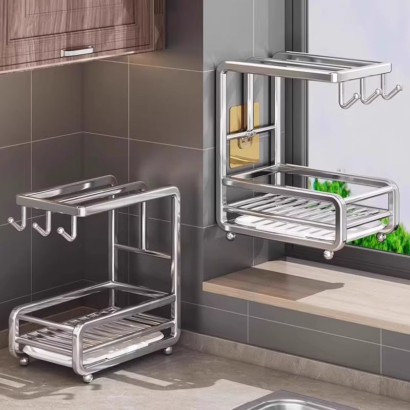 不锈钢厨房置物架抹布架水槽沥y水架免打孔壁挂钢丝球洗碗布收纳