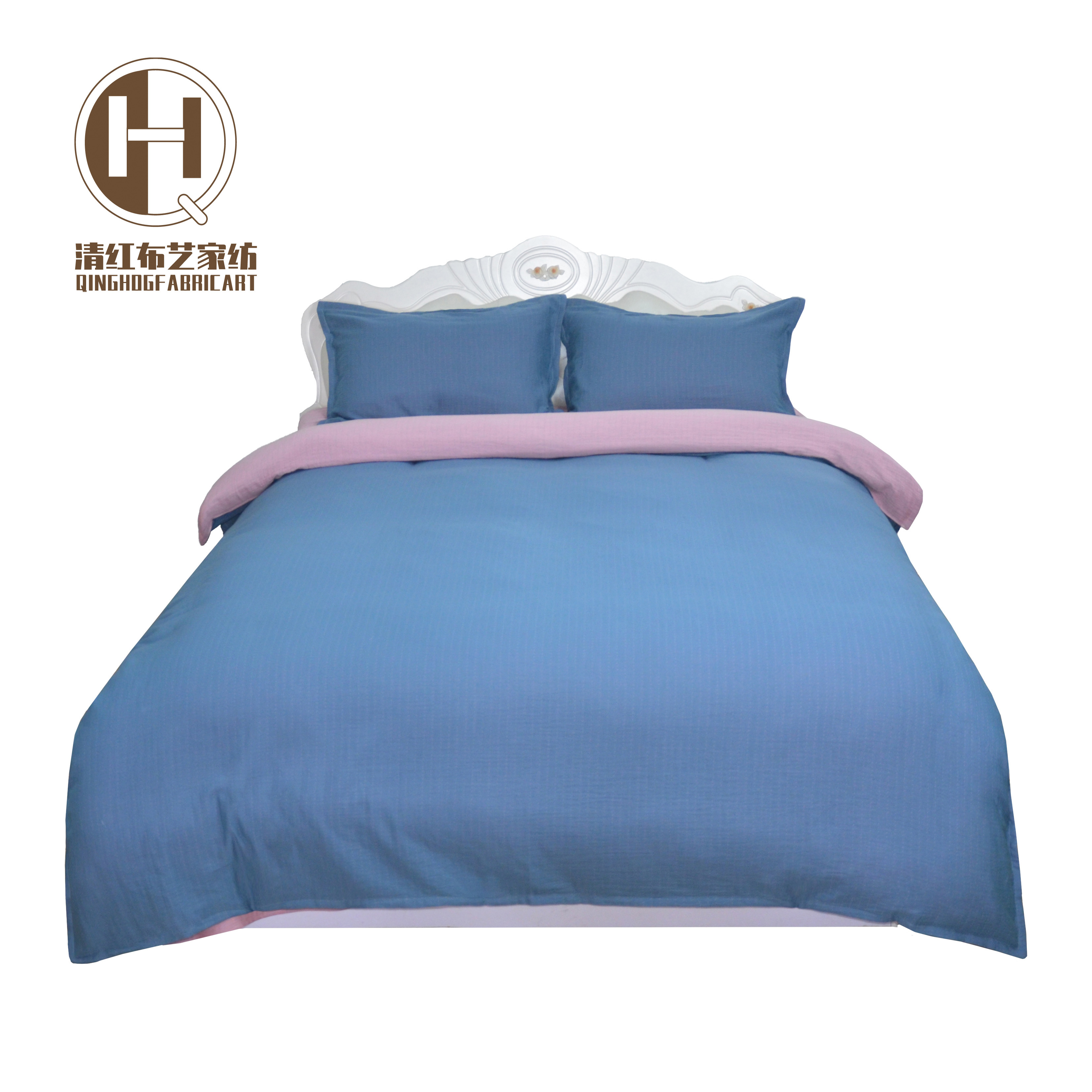 清红QH 全棉双层纱四件套湖蓝粉1.8m床1套/套