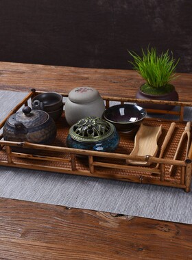 梅鹿竹茶盘大漆茶具围栏收纳榫卯茶托盘小单层中式方形干泡奉茶盘