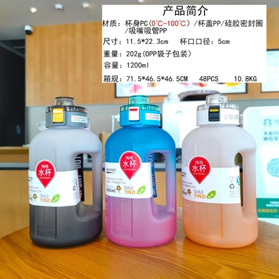 高颜值大容量渐变色塑料饮水瓶带手柄健身户外运动水壶1200ml