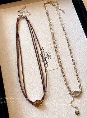 多层圆形人造虎眼石皮绳项链复古高级感设计锁骨链小众个性项饰女