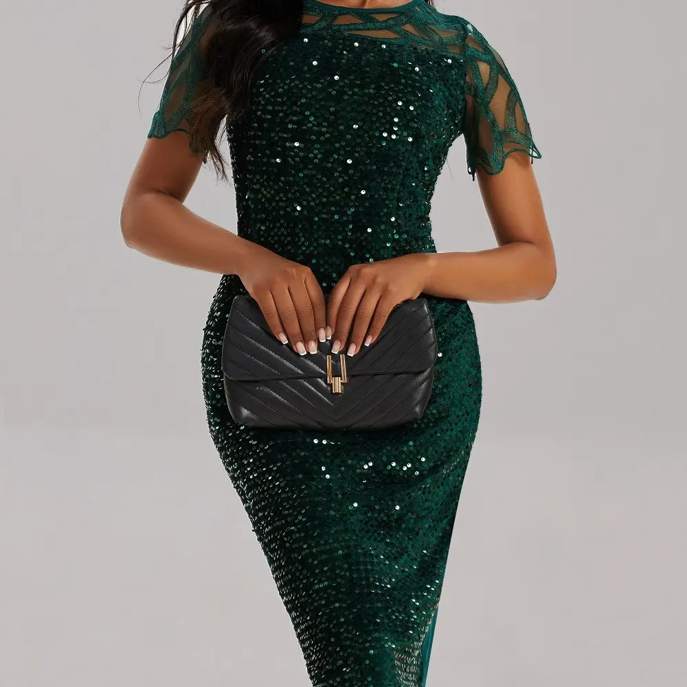 欧美圆领拼接亮闪闪修身聚会连衣裙网纱拼接短袖中长款女裙