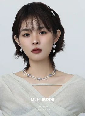 2025新款时尚百搭紫色爱心项链ins高级感小众脖颈锁骨链