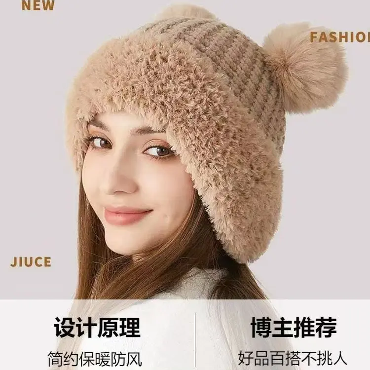 韩国女生冬季可爱毛球针织帽子复古粗针麻花毛绒边拼接护耳毛线帽