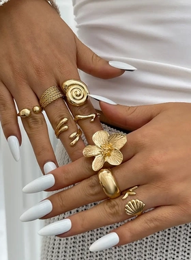 欧美饰品 度假风海星扇贝开口戒指 ins合金花朵ring套装光面