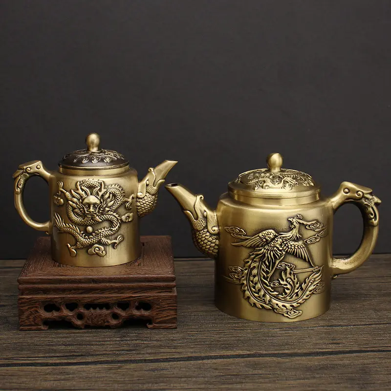 全黄铜创意大容量龙凤茶壶功夫茶壶山水壶家居办公室茶具装饰摆件