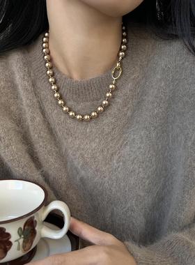 方糖家 秋冬美拉德摩卡金棕咖色珍珠法式项链高级感轻奢毛衣链女