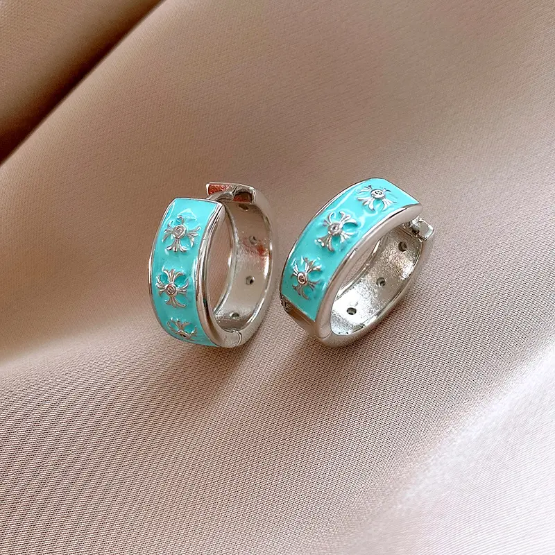 蓝色滴油十字架圆形耳扣时尚精致新款百搭耳环轻奢高级感耳饰