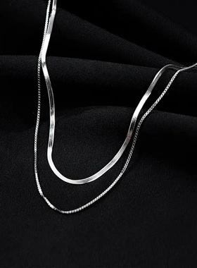 s925银简约扁形蛇骨刀片双层项链女韩版时尚气质个性锁骨链