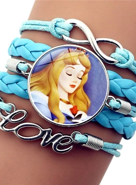 冰雪公主皮革手链卡通动漫白雪公主蓝色多层编织手链手饰品