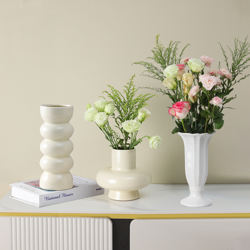 法式白色陶瓷花瓶奶油风轻奢高级感摆件客厅插花鲜花干花仿真花小