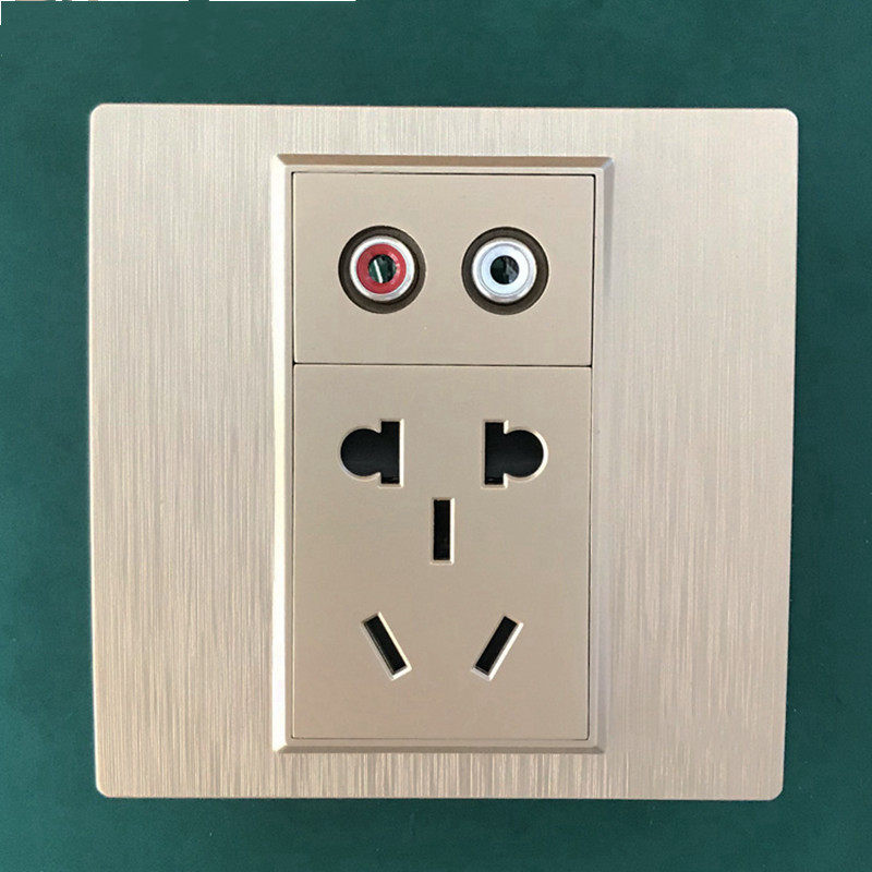 86型拉丝金暗装电源插座带音频面板香槟金AV莲花音频插座五孔插座