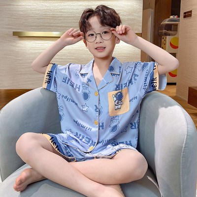 儿童睡衣男童女童夏季薄款丝绸夏中大童宝宝空调家居服卡通套装
