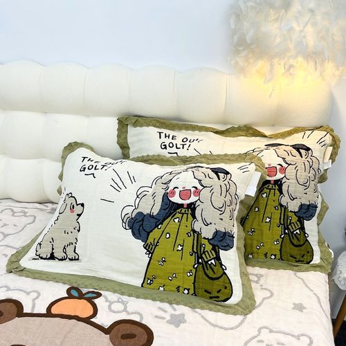 一对装纯棉枕巾泡芙枕巾蕾丝成人全棉枕巾柔软舒适