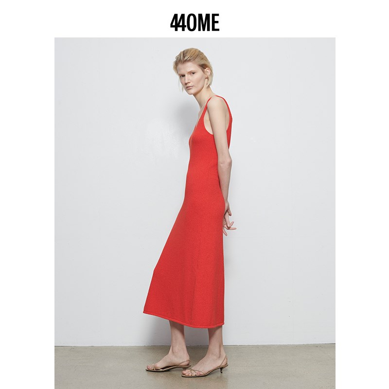 440ME女装 圆领宽肩带针织吊带裙显瘦百搭桔红色连衣裙