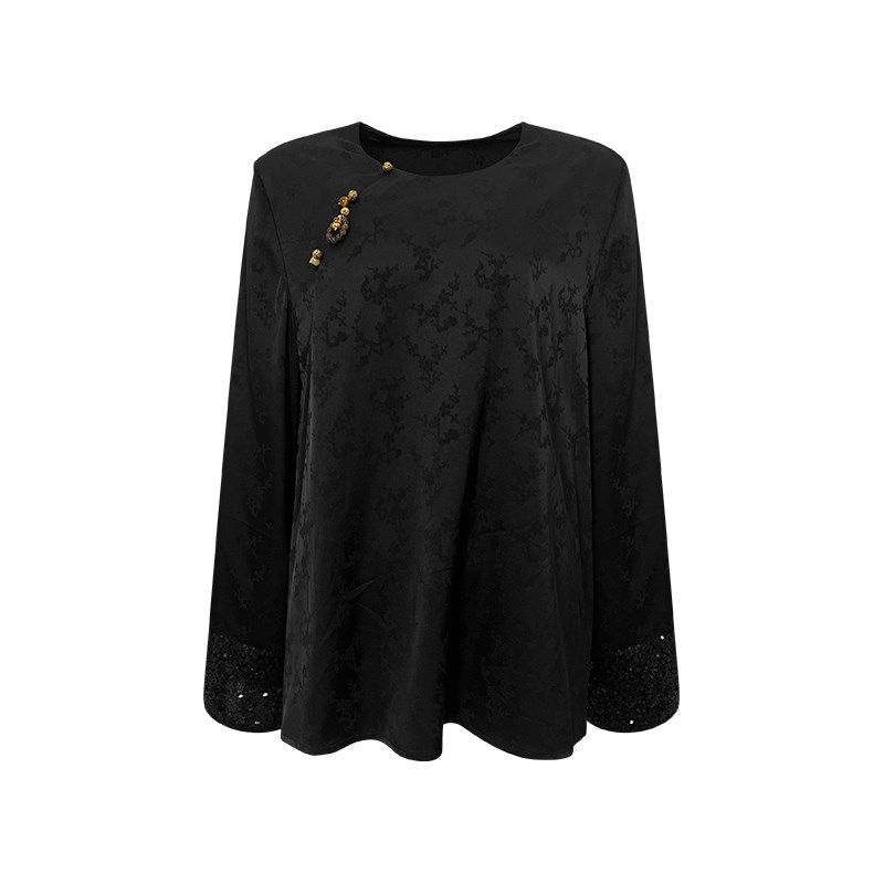 NAZ那子大码春季新款新中式盘扣提花国风改良胖mm亮片衬衫上衣女