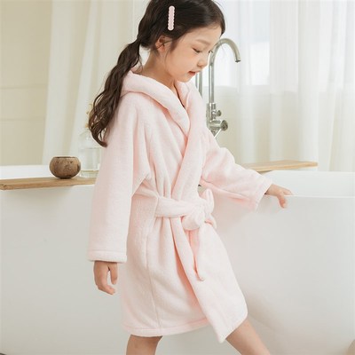 A类 儿童珊瑚绒开襟浴袍 男童女童连帽可穿式洗澡睡袍中童春秋款