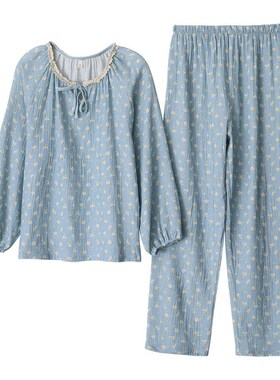 甜美蓝色碎花套头睡衣女纯棉纱细绳收口长袖长裤春夏家居睡眠服薄
