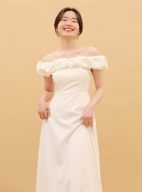 TANSSHOP白色小礼服裙褶皱露肩一字领松紧修身显瘦两种长度连衣裙