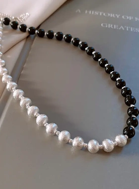 黑色琉璃圆珠拉丝拼接串珠项链法式复古锁骨链简约高级感项饰