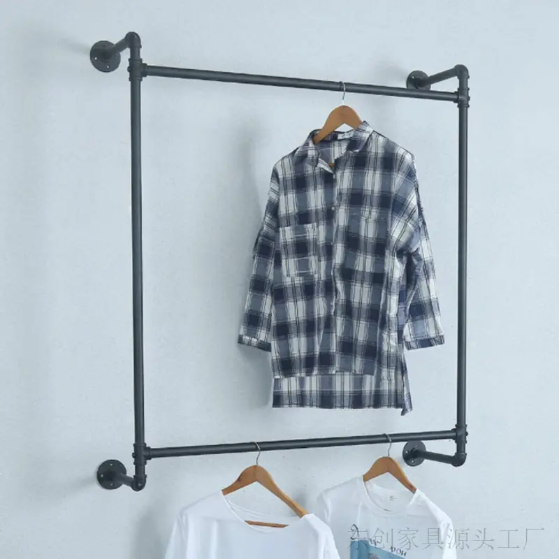 服装店展示架男女装上墙工业水管双层挂衣架壁挂式金属服装货架