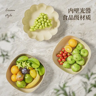 奶油风客厅果盘高颜值家用大容量糖果收纳加厚耐摔沥水水果盘