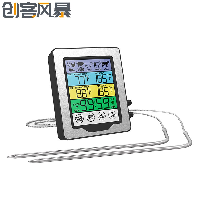 正/倒计时器 室内外双探针大屏肉类烤箱烧烤食品厨房烹饪温度计