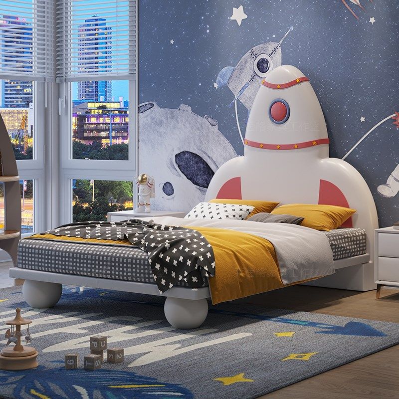 创意太空儿童火箭床悬浮带LED男孩实木皮床青少年软包卡通1.5米床