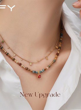 复古红宝石吊坠碧玺项链女款秋冬叠戴串珠2024新款小众毛衣颈链