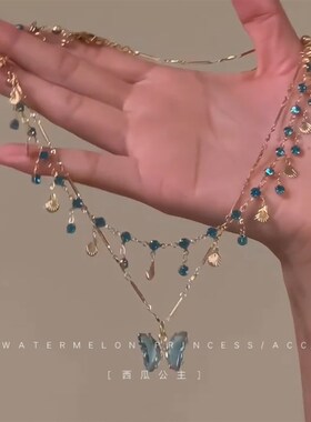 蓝蝶之恋蓝色蝴蝶项链女款2024新款爆款双层叠戴锁骨链配饰