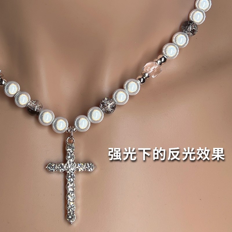 拼接反光珍珠项链男小众设计锁骨链十字架吊坠欧美嘻哈风女锁骨链