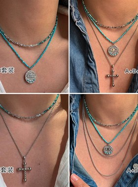 绿松天然石串珠十字架恶魔之眼项链女叠戴2025新款高级感锁骨颈链