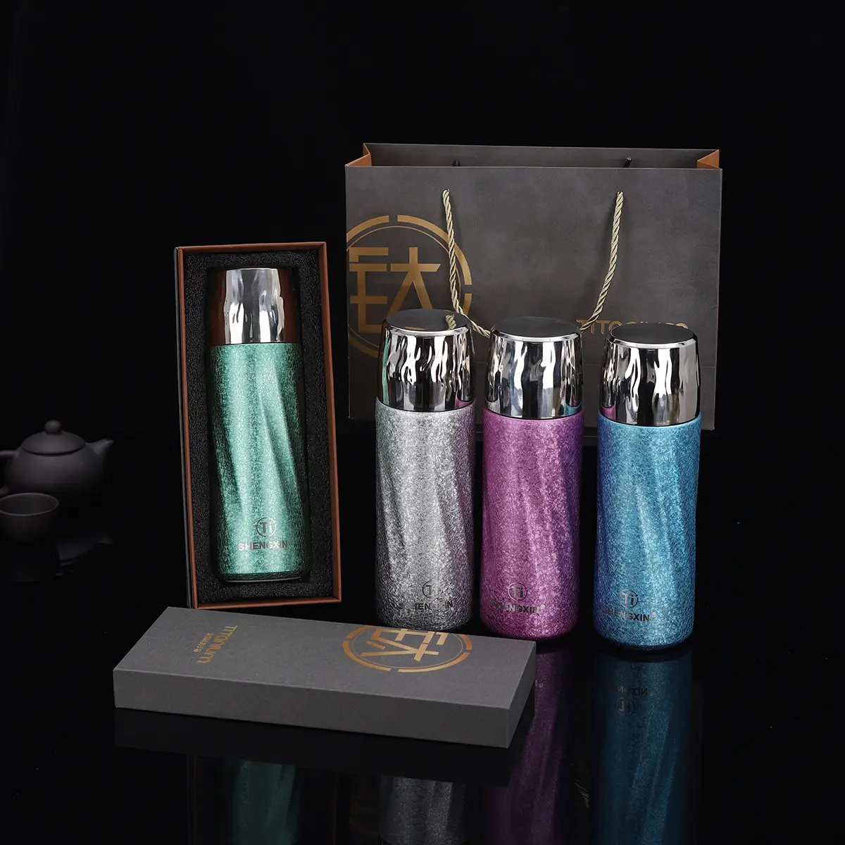 新款创意螺纹钛杯高颜值内外纯钛弹跳保温杯礼盒装商务礼品杯